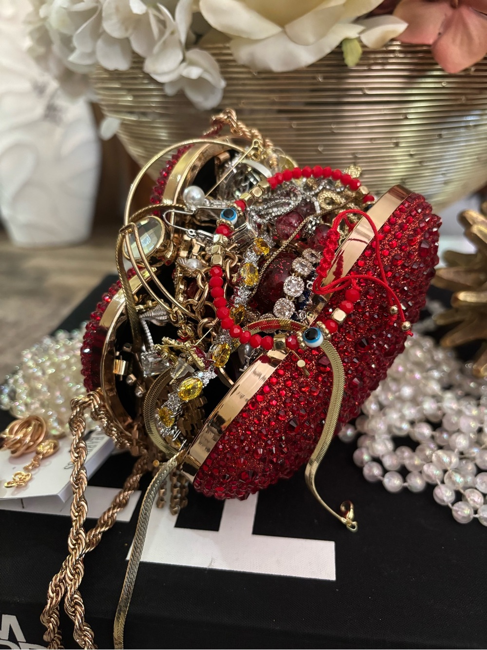 Red Crystal Evening Minaudière Clutch mystery jewelry jar